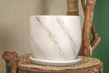 Ev Dekorasyon  Beyaz Üzeri Gold Tabaklı Terracota Toprak Saksı Saksılık Salon Çiçeklik 19 CM